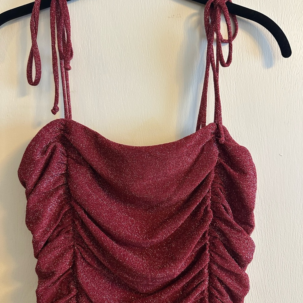 Metallic Deep Red Ruched Dress - Picture 2 of 4